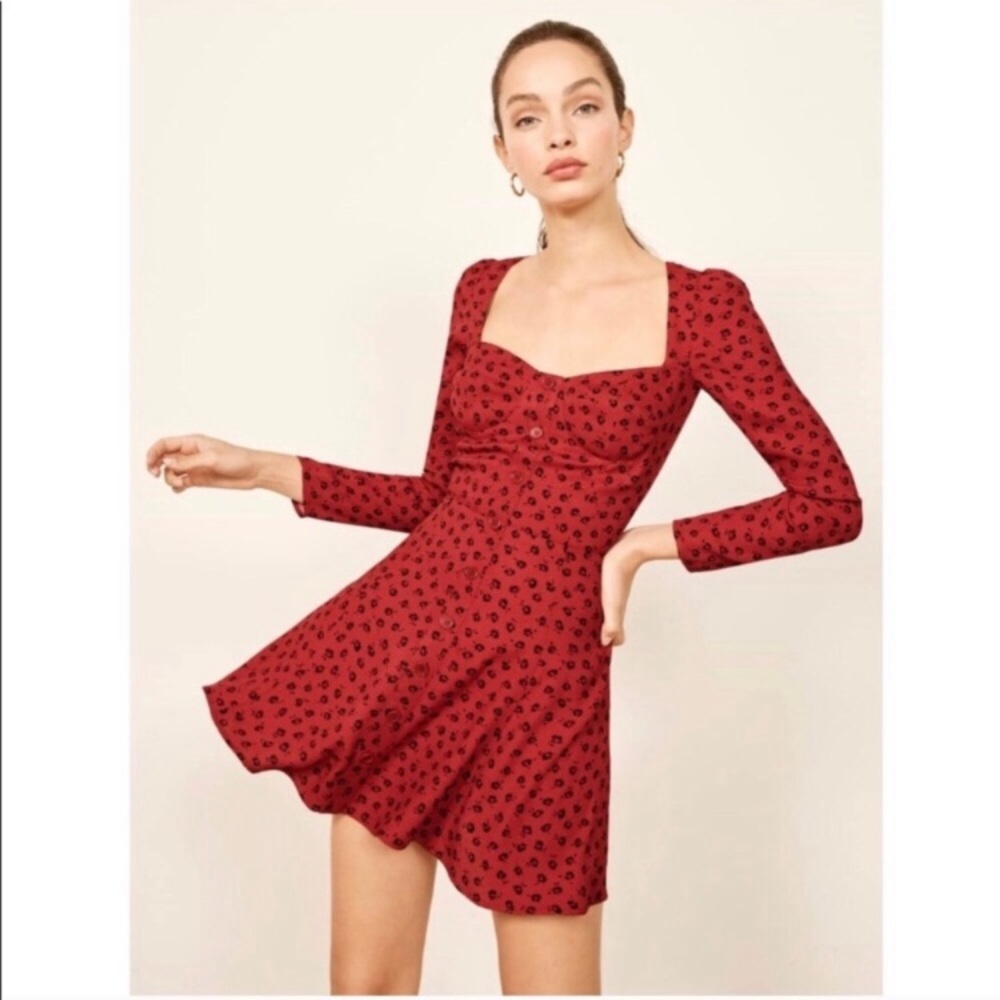 Reformation Milla Red Floral Fit & Flare Dress 0
